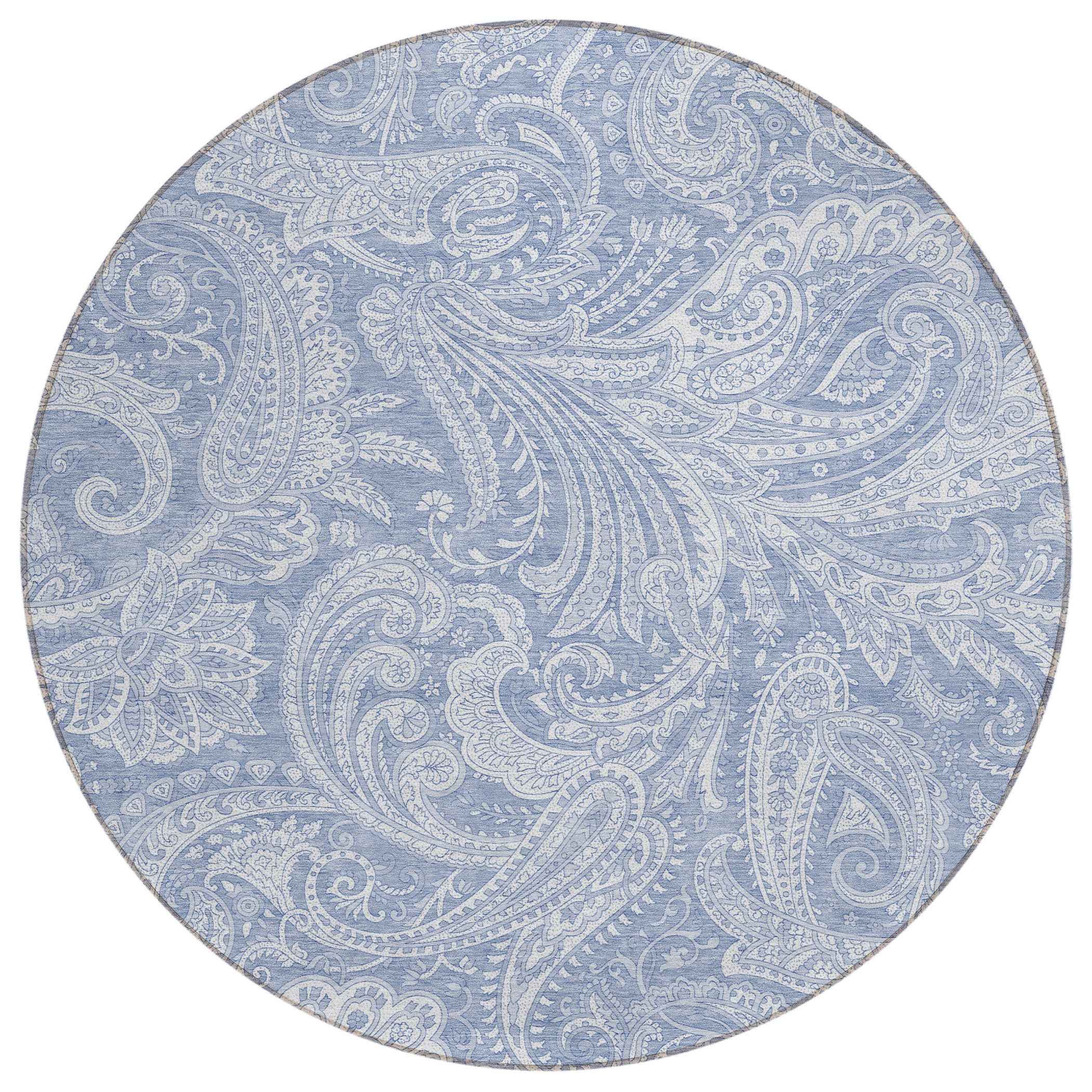 8' Denim Blue Sky Blue And Ivory Round Paisley Washable Indoor Outdoor Area Rug
