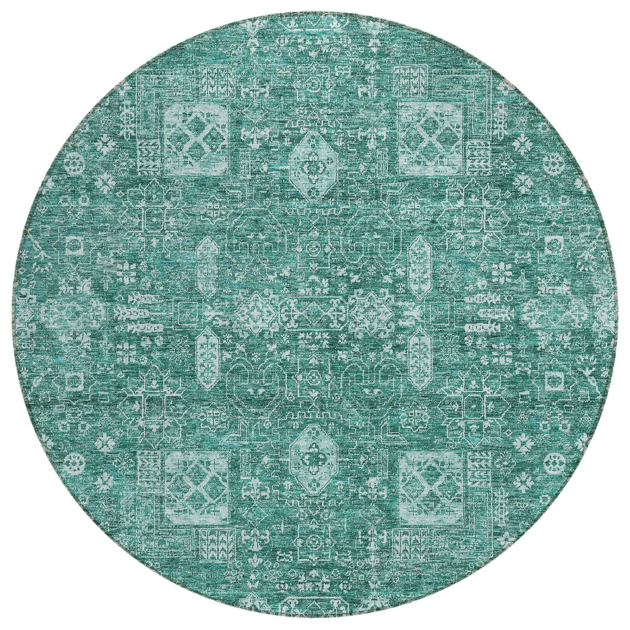 8' Dark Green And Aqua Round Oriental Washable Indoor Outdoor Area Rug