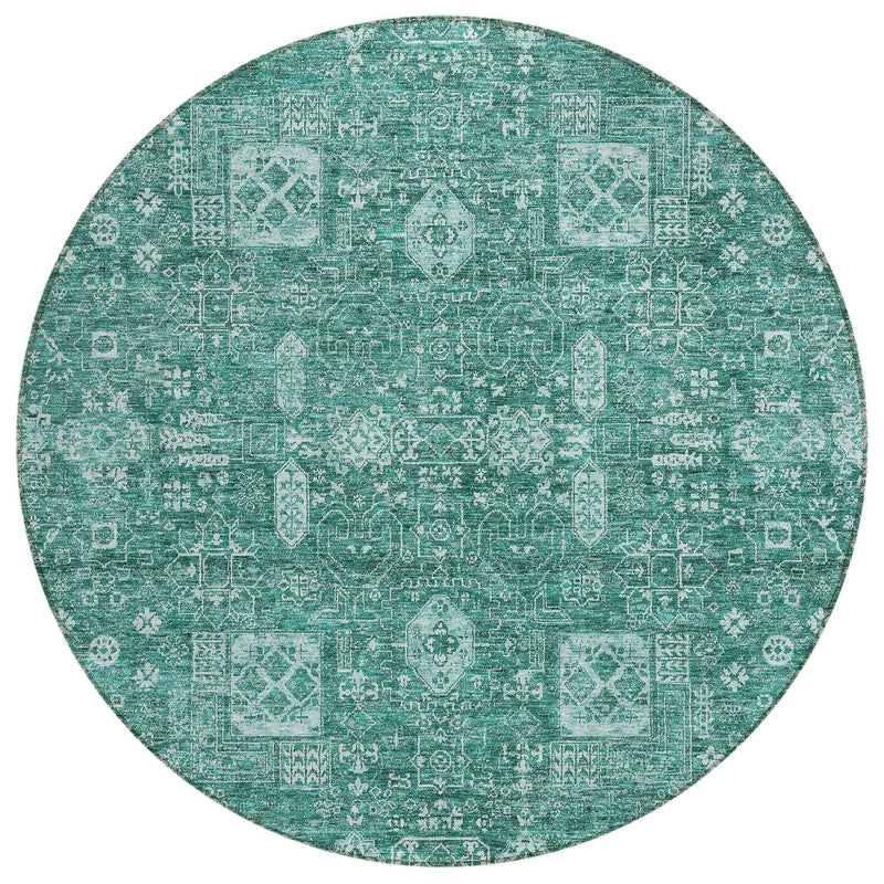 8' Dark Green And Aqua Round Oriental Washable Indoor Outdoor Area Rug