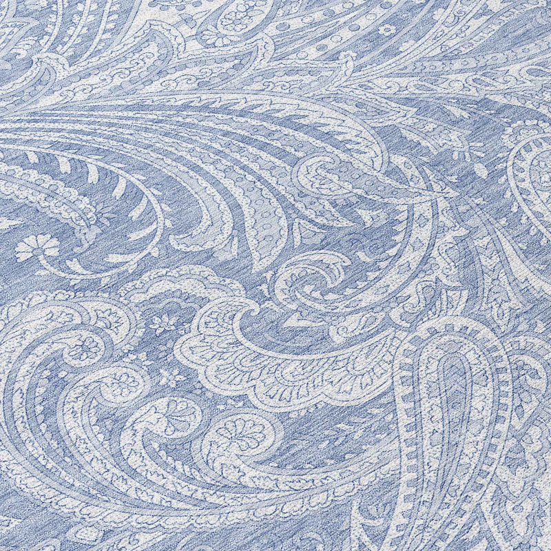 8' Denim Blue Sky Blue And Ivory Round Paisley Washable Indoor Outdoor Area Rug