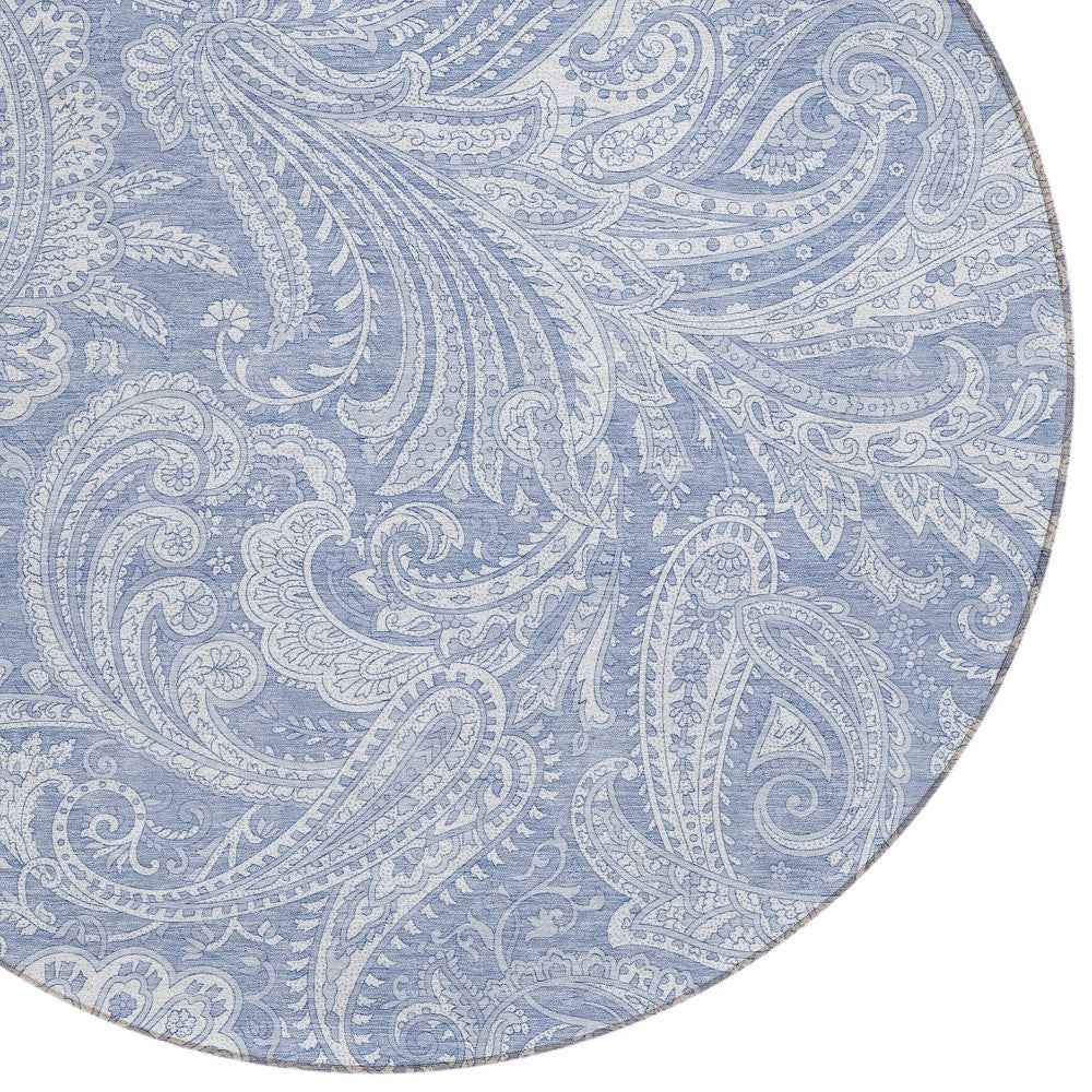 8' Denim Blue Sky Blue And Ivory Round Paisley Washable Indoor Outdoor Area Rug