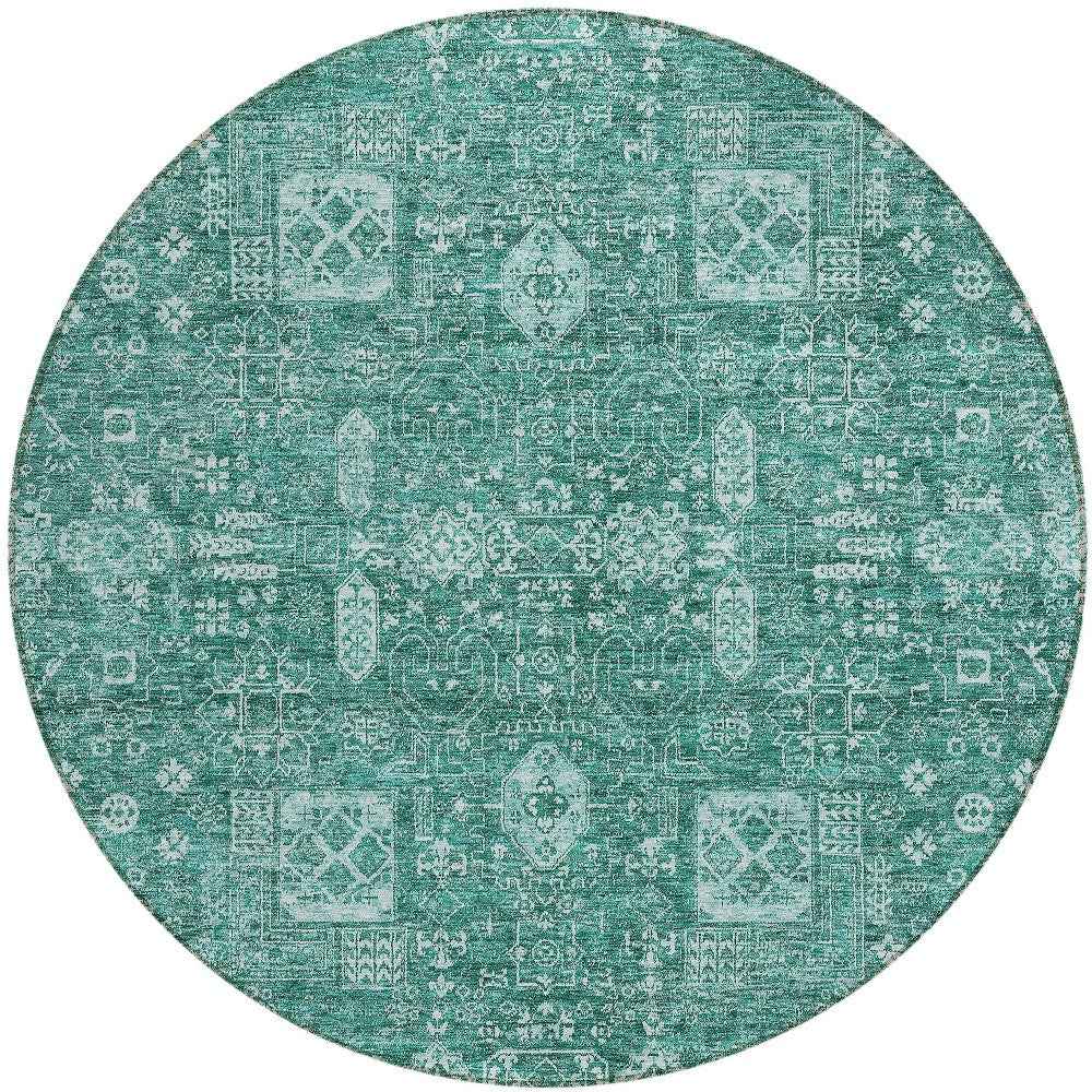 8' Dark Green And Aqua Round Oriental Washable Indoor Outdoor Area Rug