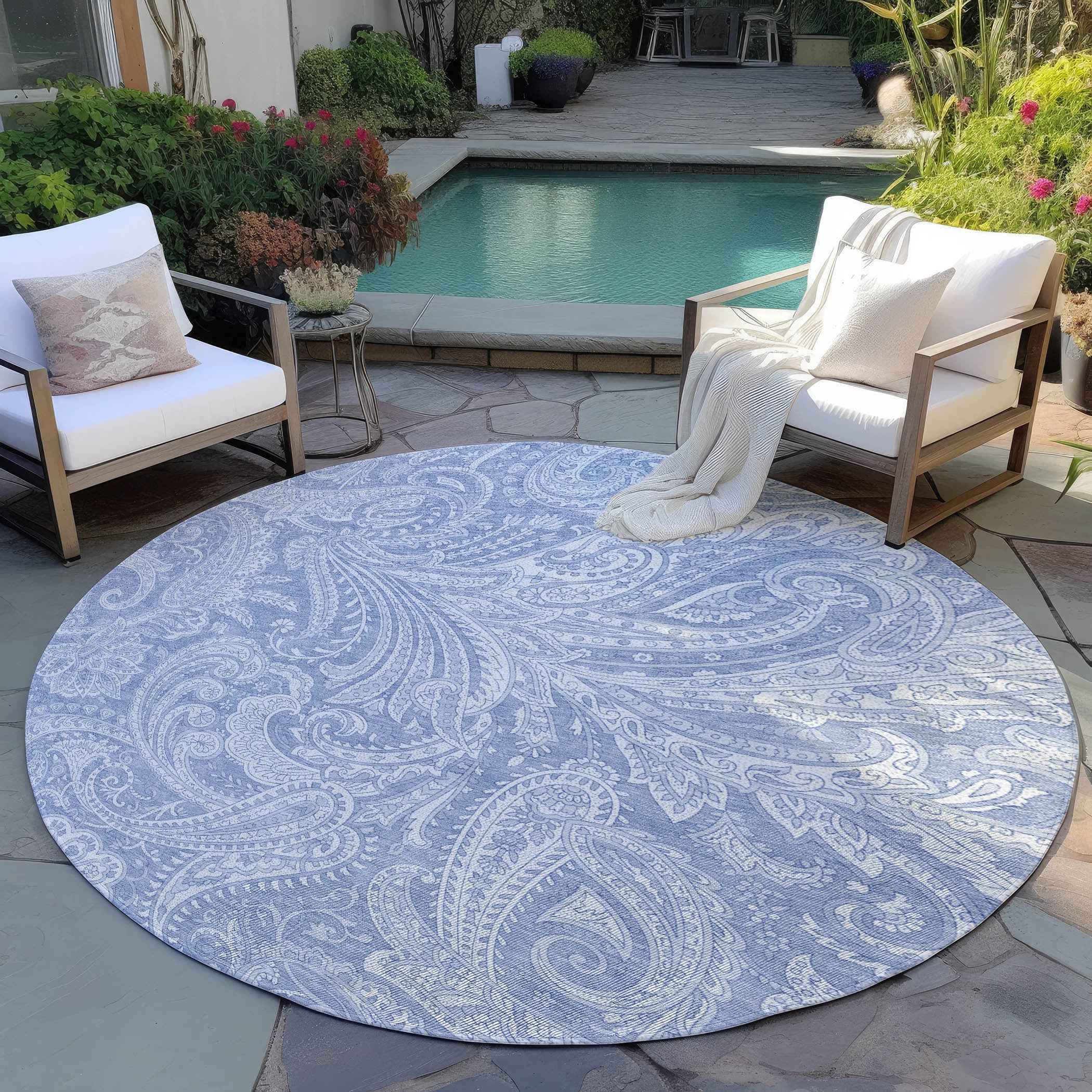 8' Denim Blue Sky Blue And Ivory Round Paisley Washable Indoor Outdoor Area Rug