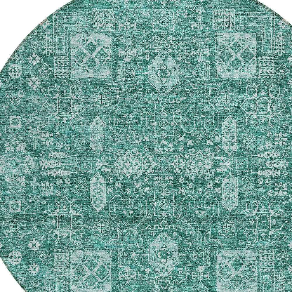 8' Dark Green And Aqua Round Oriental Washable Indoor Outdoor Area Rug