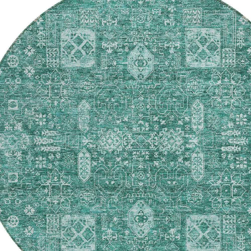 8' Dark Green And Aqua Round Oriental Washable Indoor Outdoor Area Rug
