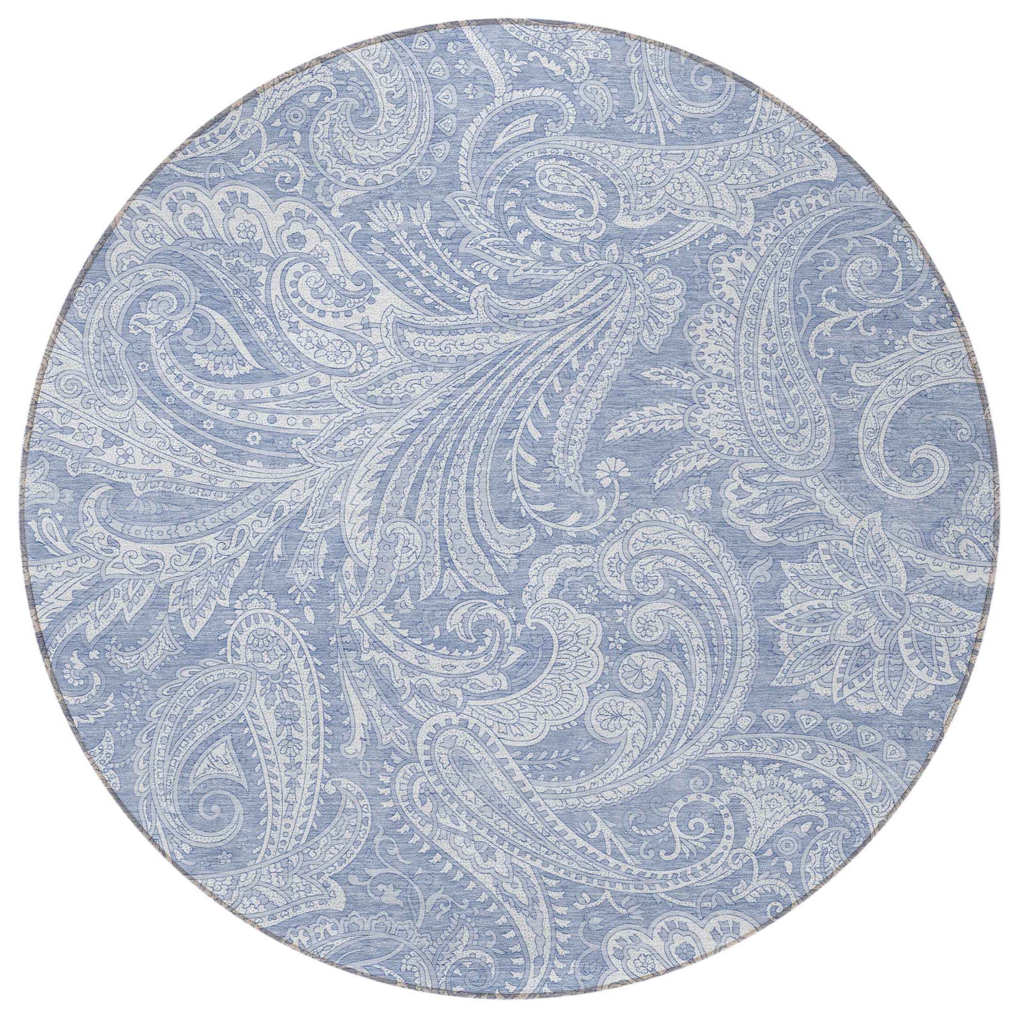 8' Denim Blue Sky Blue And Ivory Round Paisley Washable Indoor Outdoor Area Rug
