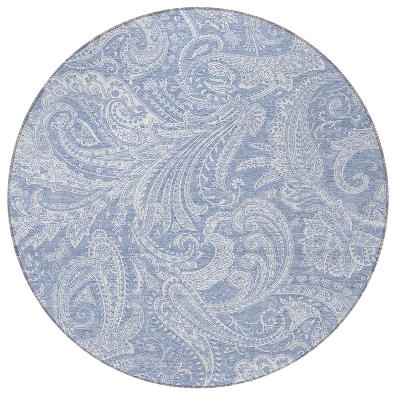 8' Denim Blue Sky Blue And Ivory Round Paisley Washable Indoor Outdoor Area Rug