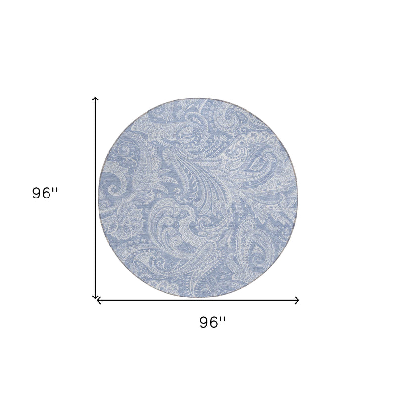 8' Denim Blue Sky Blue And Ivory Round Paisley Washable Indoor Outdoor Area Rug