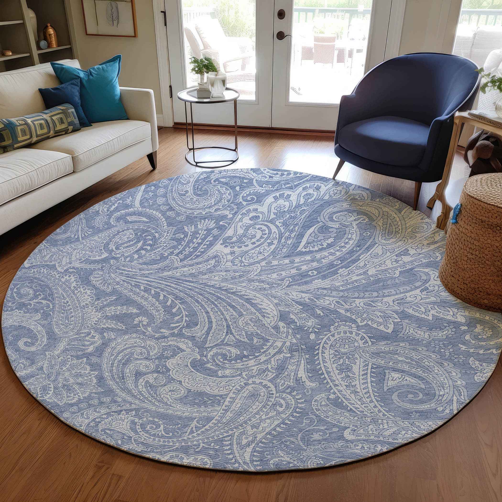 8' Denim Blue Sky Blue And Ivory Round Paisley Washable Indoor Outdoor Area Rug