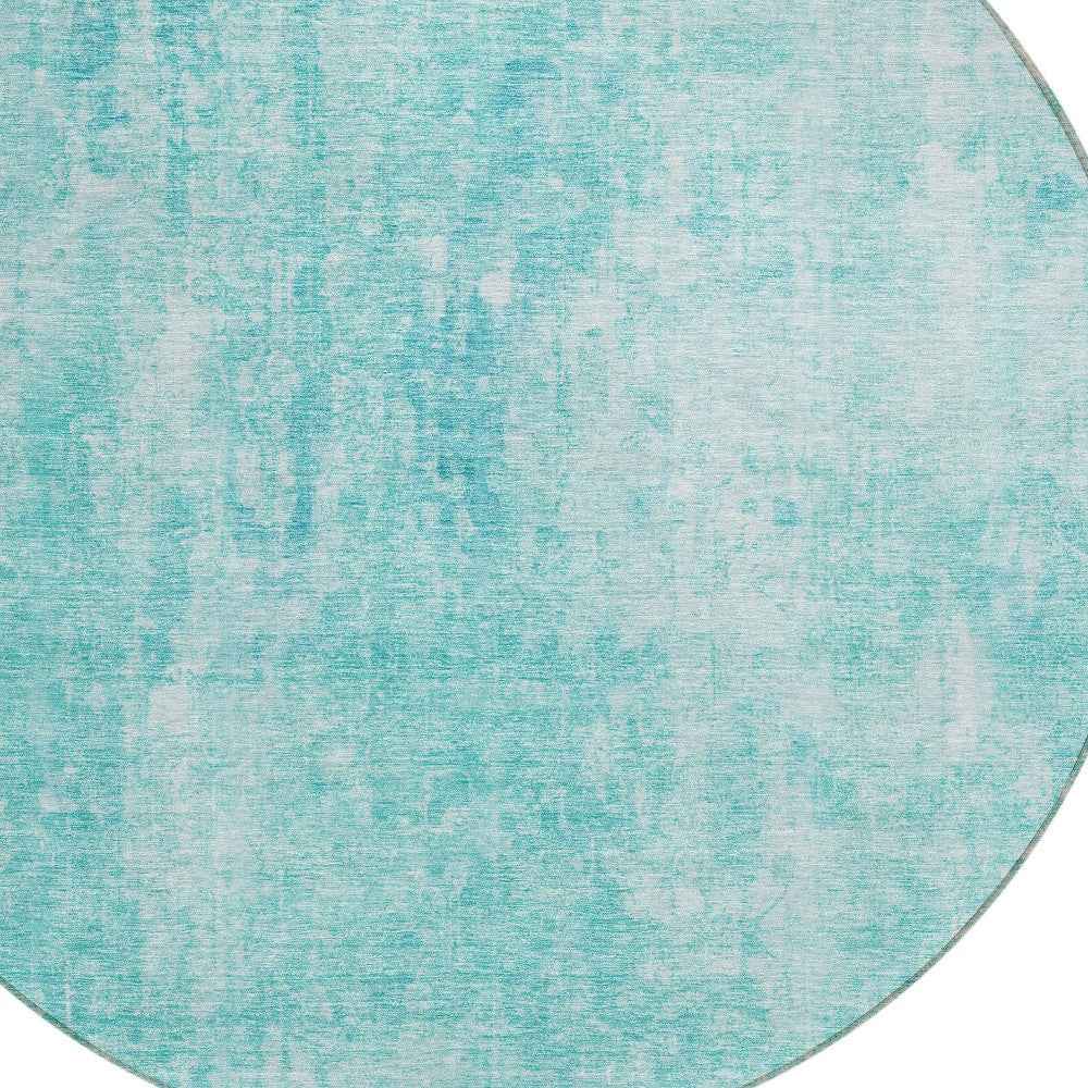 8' Teal Blue And Ivory Round Abstract Washable Indoor Outdoor Area Rug