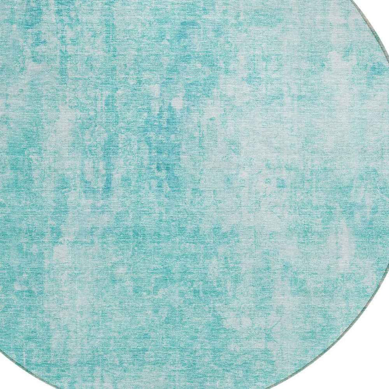 8' Teal Blue And Ivory Round Abstract Washable Indoor Outdoor Area Rug