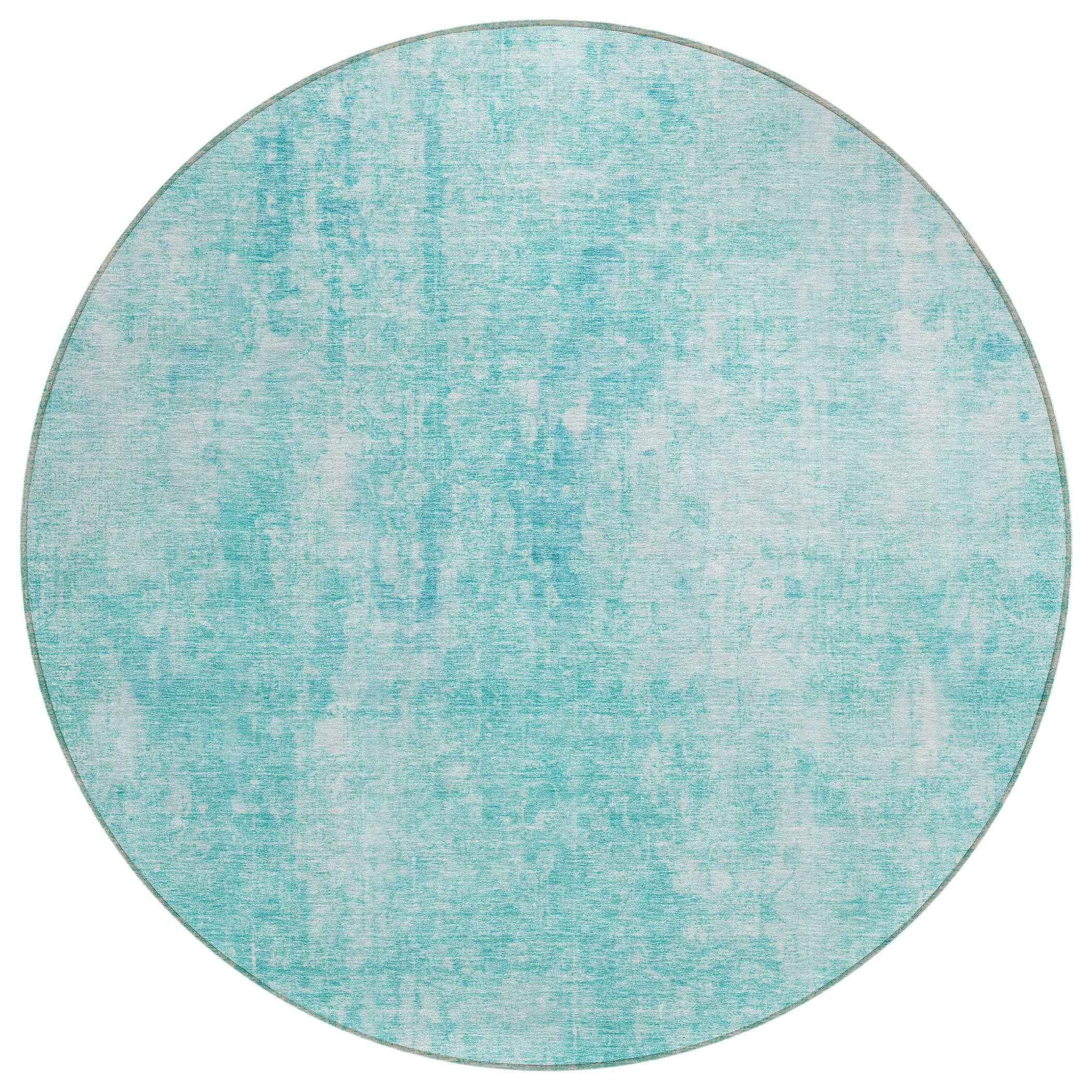 8' Teal Blue And Ivory Round Abstract Washable Indoor Outdoor Area Rug