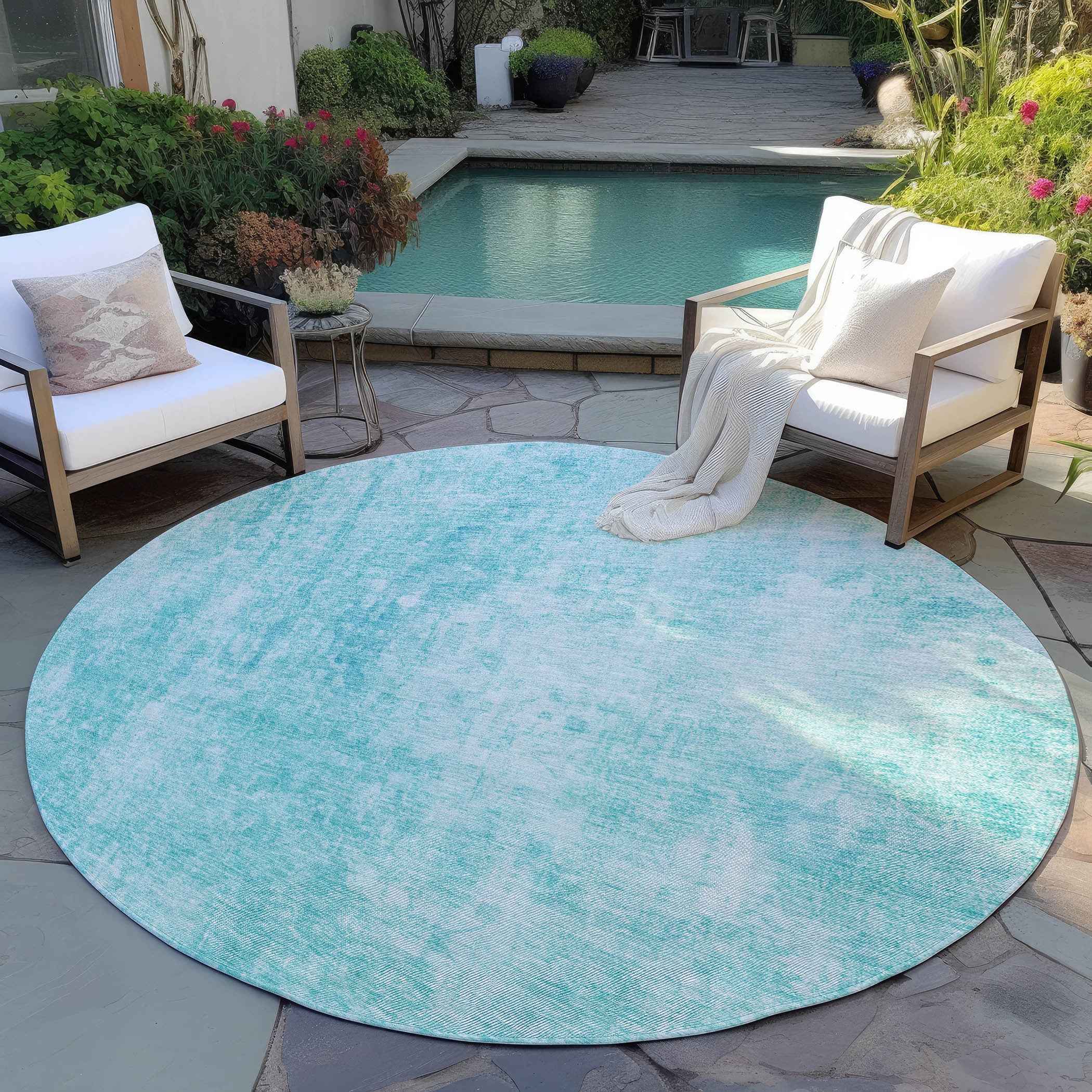 8' Teal Blue And Ivory Round Abstract Washable Indoor Outdoor Area Rug