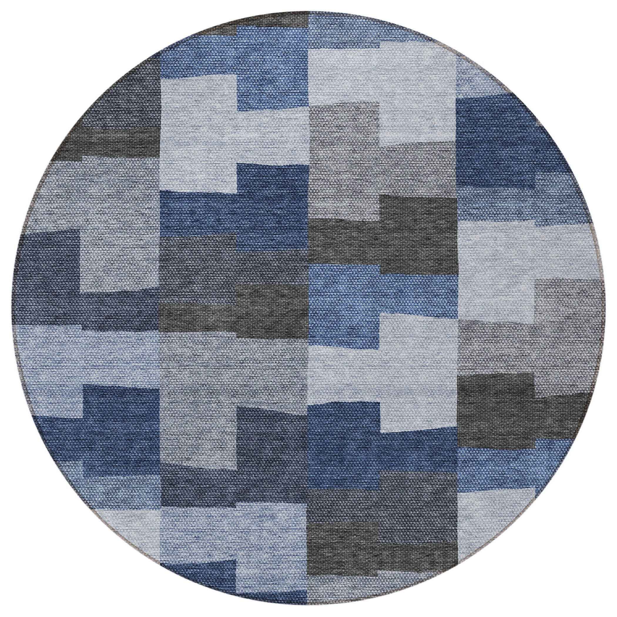 8' Navy Blue And Sky Blue Round Geometric Washable Indoor Outdoor Area Rug