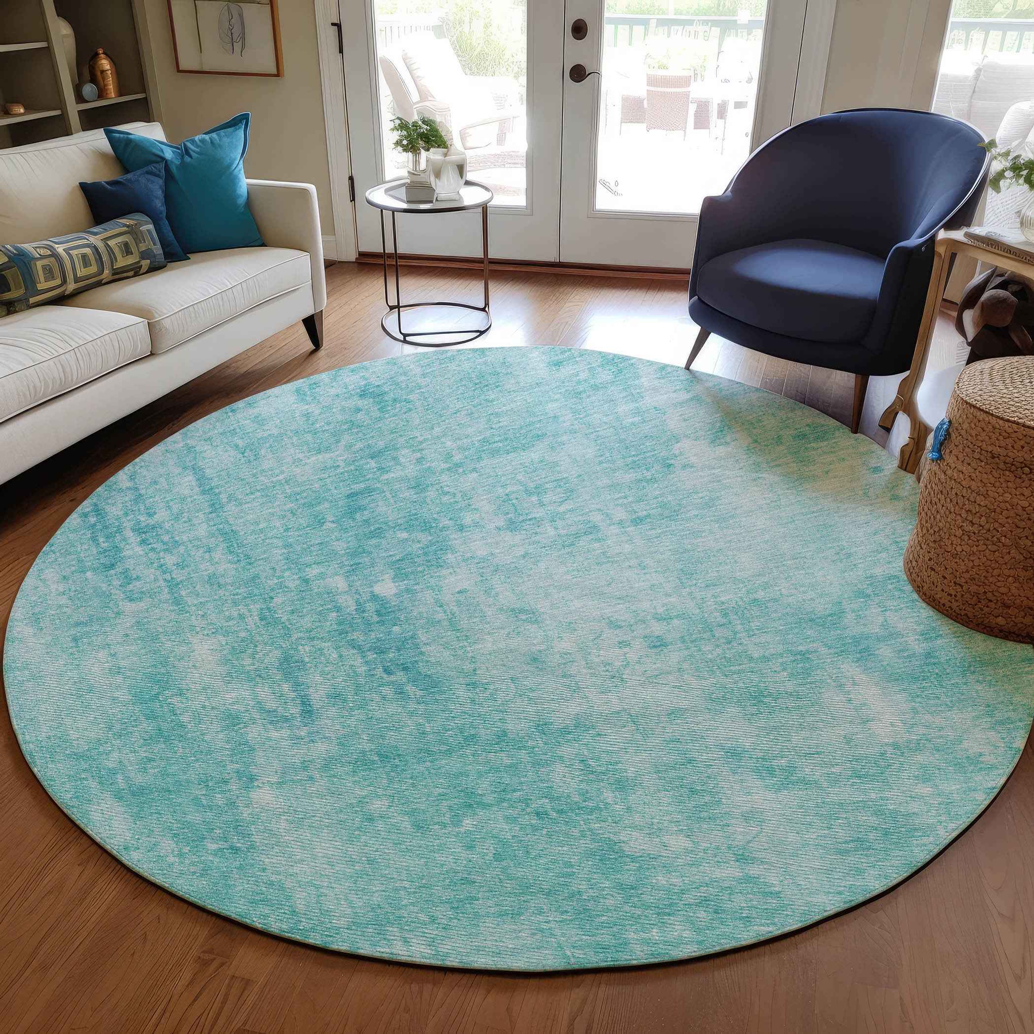 8' Teal Blue And Ivory Round Abstract Washable Indoor Outdoor Area Rug