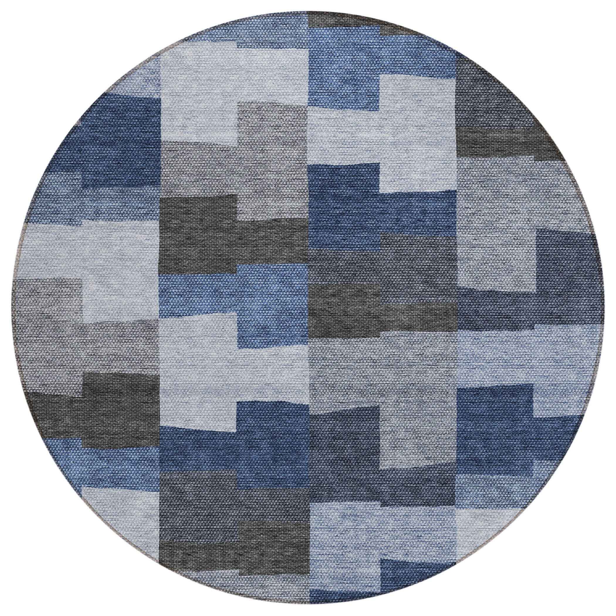 8' Navy Blue And Sky Blue Round Geometric Washable Indoor Outdoor Area Rug