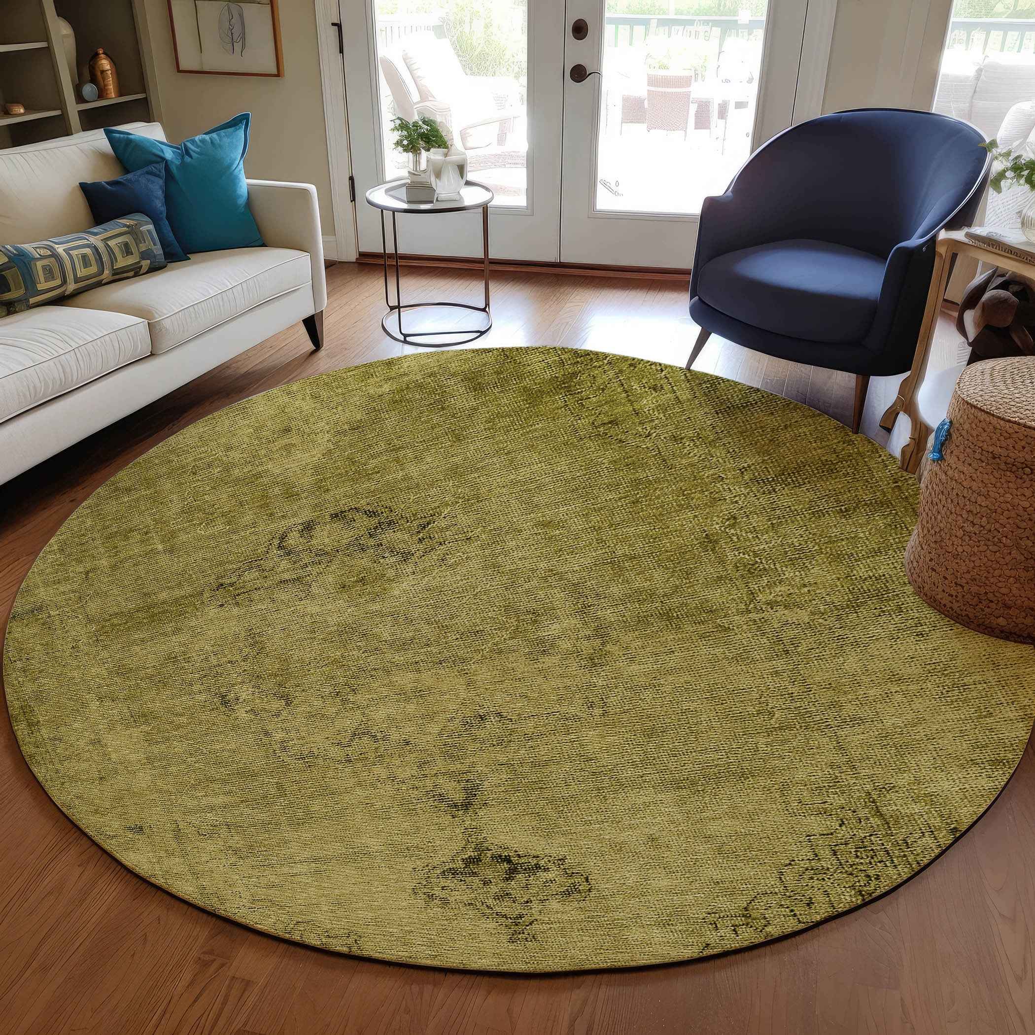 8' Gold Brown And Wheat Round Oriental Washable Indoor Outdoor Area Rug