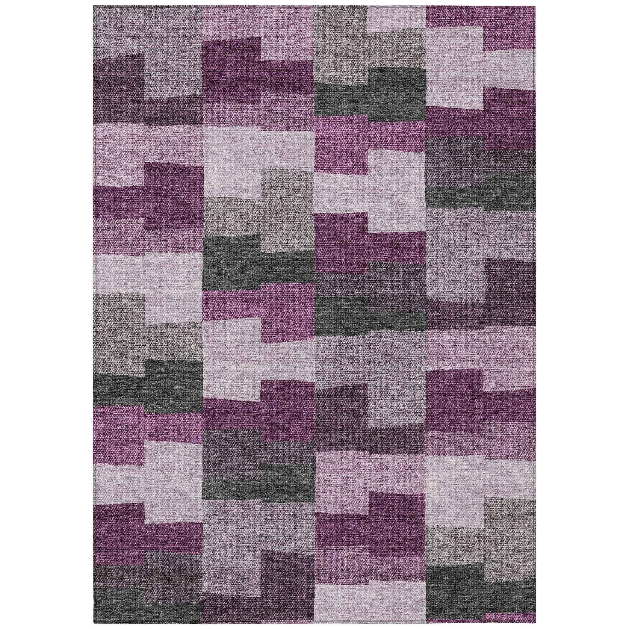 8' X 10' Merlot Mauve And Charcoal Geometric Washable Indoor Outdoor Area Rug