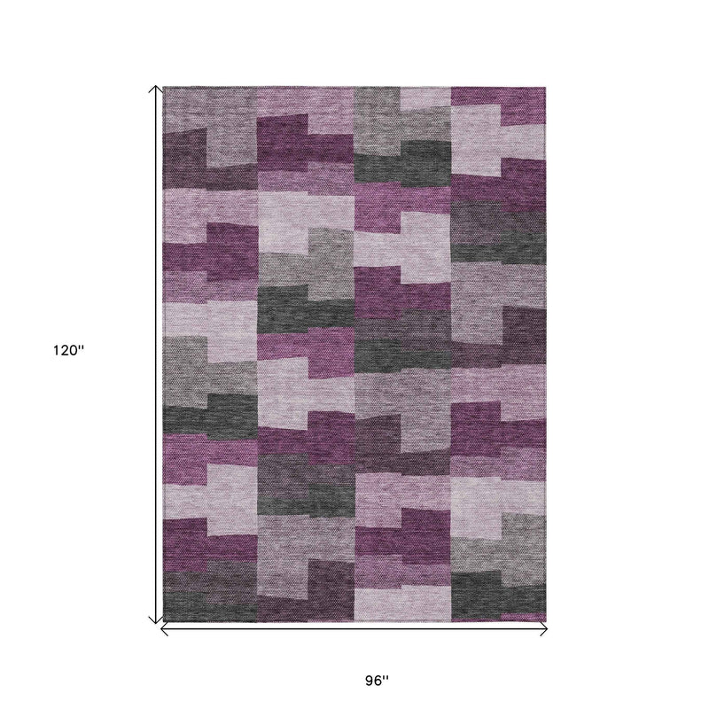 8' X 10' Merlot Mauve And Charcoal Geometric Washable Indoor Outdoor Area Rug