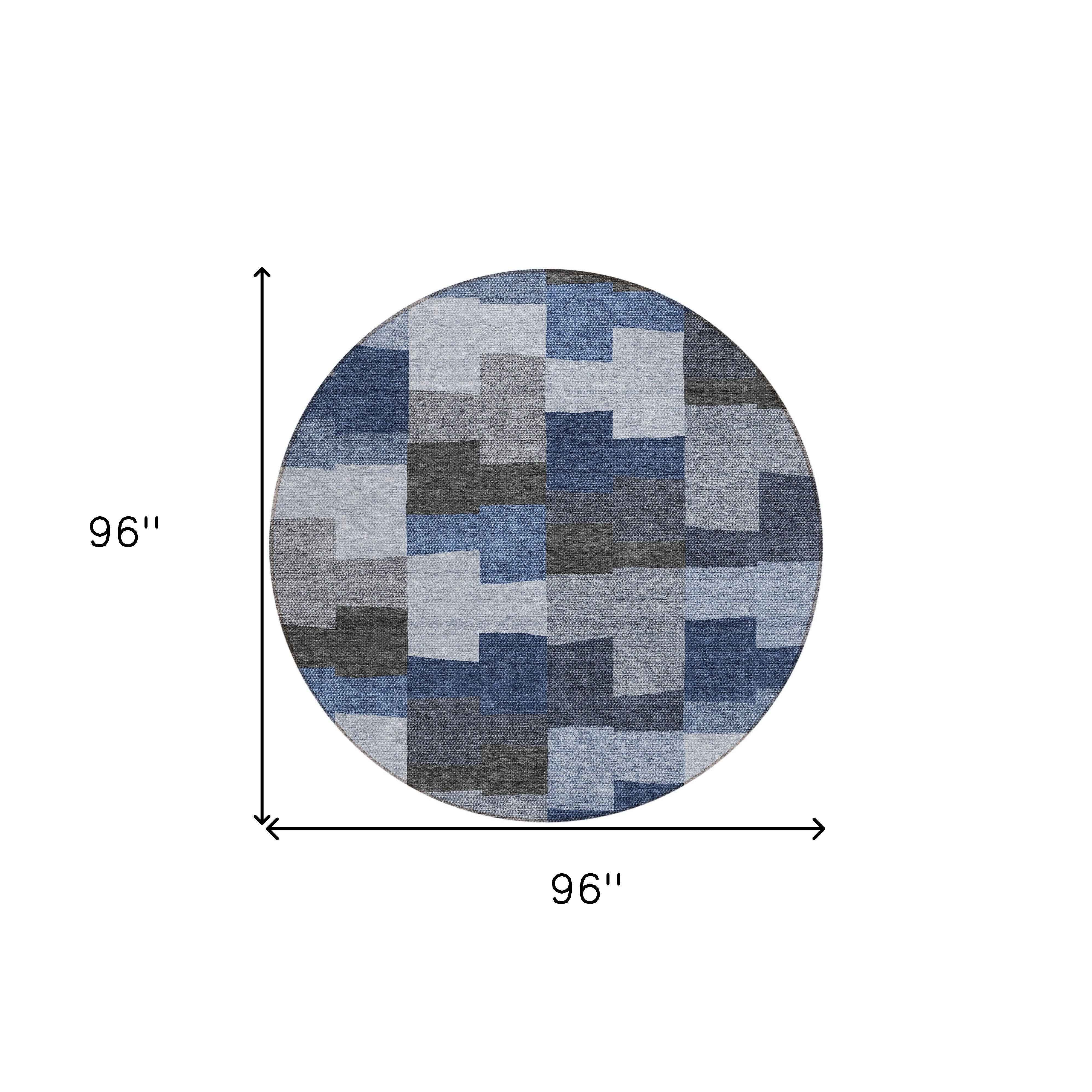8' Navy Blue And Sky Blue Round Geometric Washable Indoor Outdoor Area Rug
