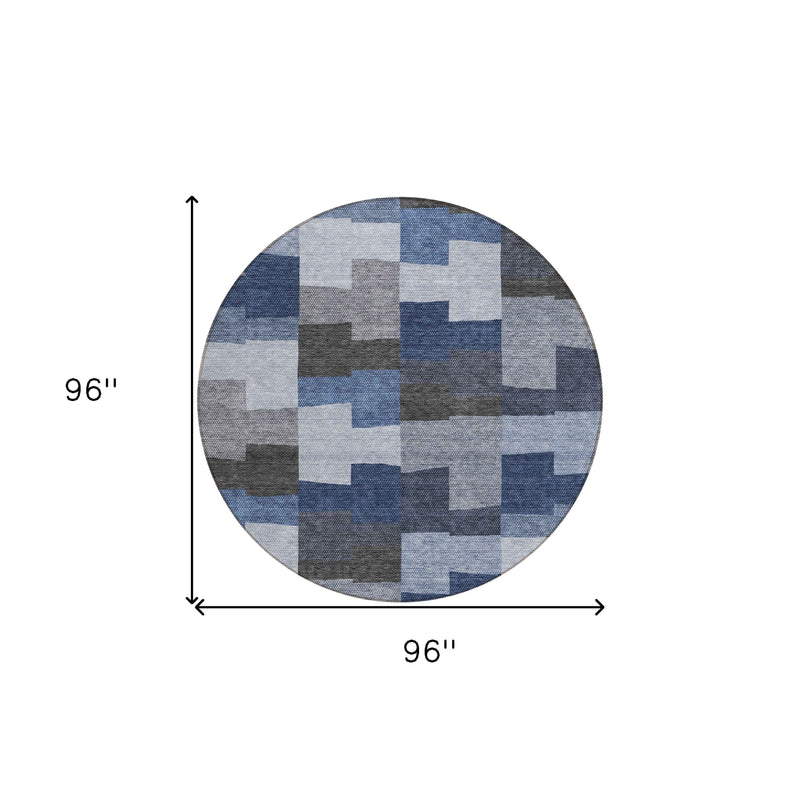 8' Navy Blue And Sky Blue Round Geometric Washable Indoor Outdoor Area Rug