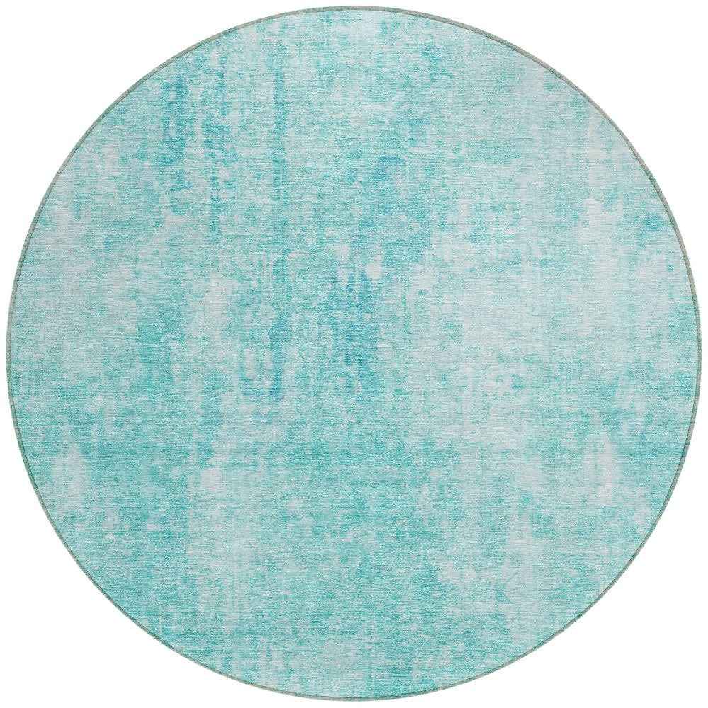 8' Teal Blue And Ivory Round Abstract Washable Indoor Outdoor Area Rug