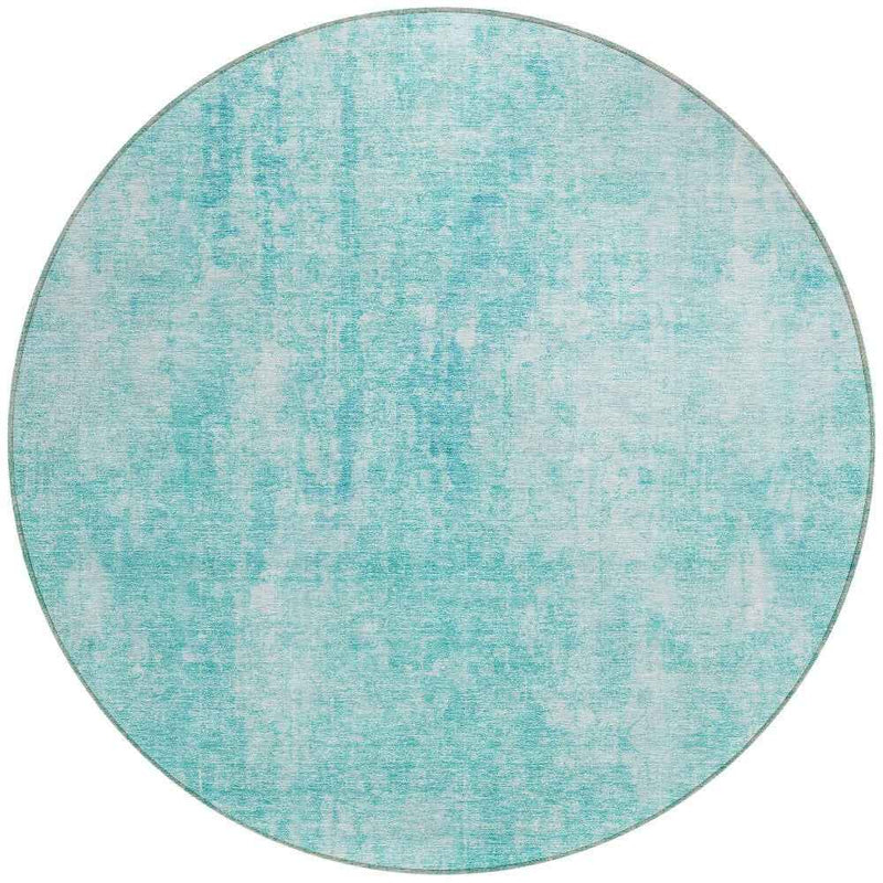 8' Teal Blue And Ivory Round Abstract Washable Indoor Outdoor Area Rug