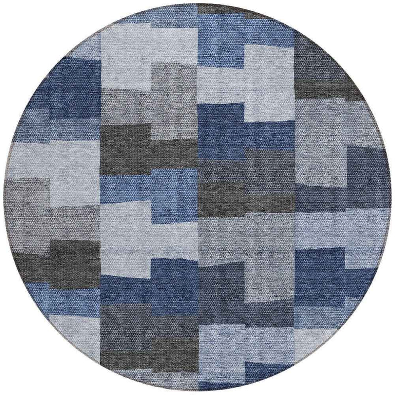 8' Navy Blue And Sky Blue Round Geometric Washable Indoor Outdoor Area Rug