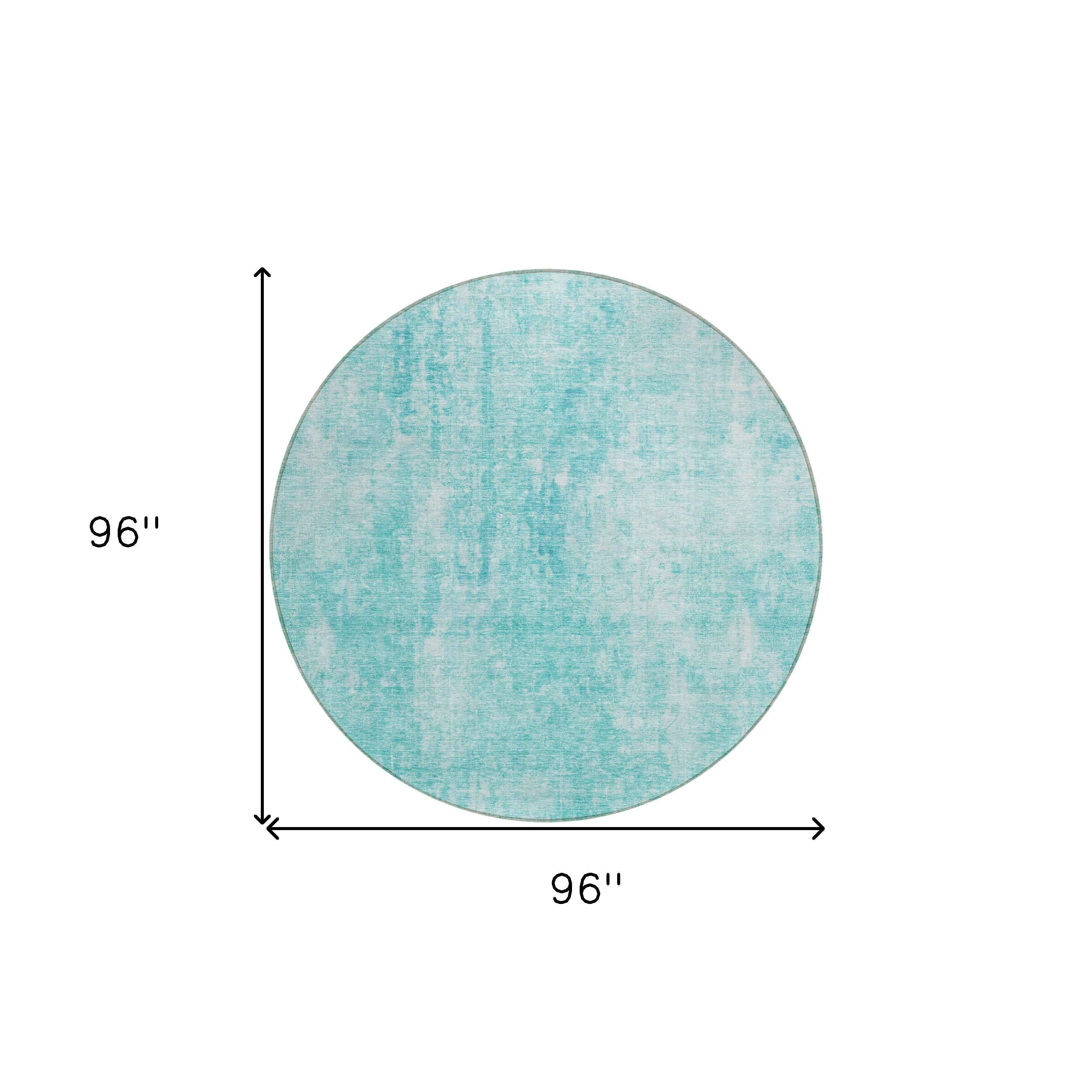 8' Teal Blue And Ivory Round Abstract Washable Indoor Outdoor Area Rug