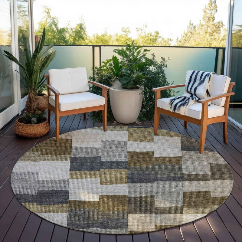 8' Brown Beige And Ivory Round Geometric Washable Indoor Outdoor Area Rug