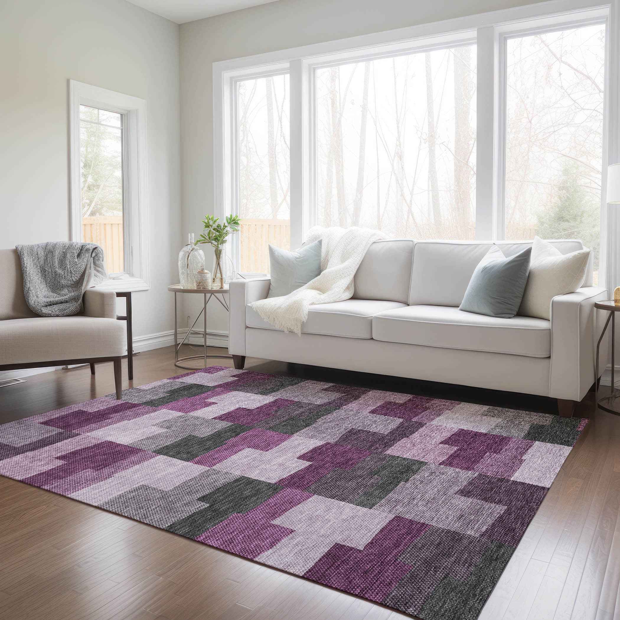 8' X 10' Merlot Mauve And Charcoal Geometric Washable Indoor Outdoor Area Rug
