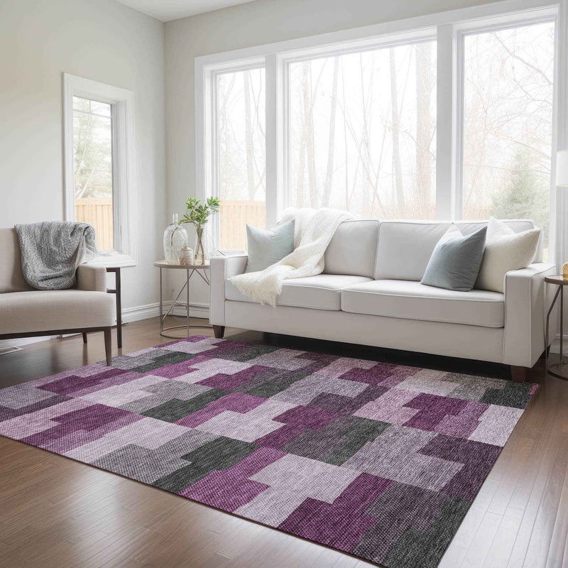 8' X 10' Merlot Mauve And Charcoal Geometric Washable Indoor Outdoor Area Rug