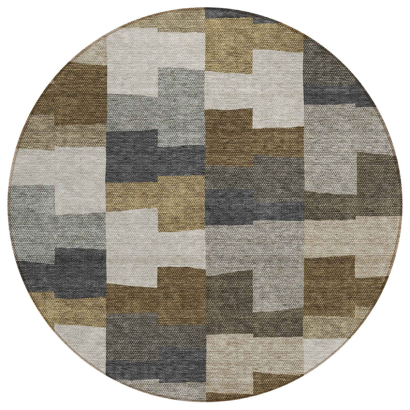 8' Brown Beige And Ivory Round Geometric Washable Indoor Outdoor Area Rug