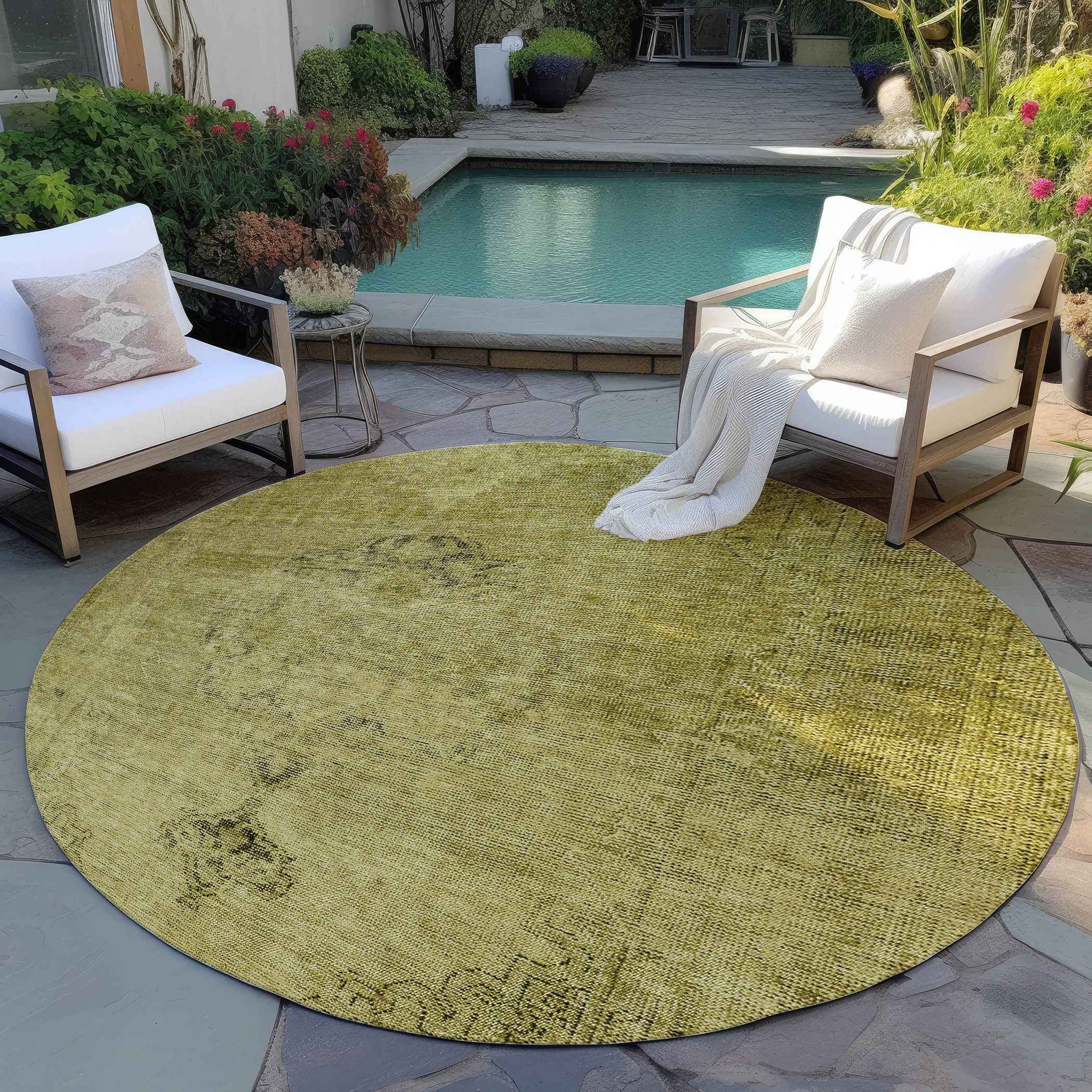 8' Gold Brown And Wheat Round Oriental Washable Indoor Outdoor Area Rug