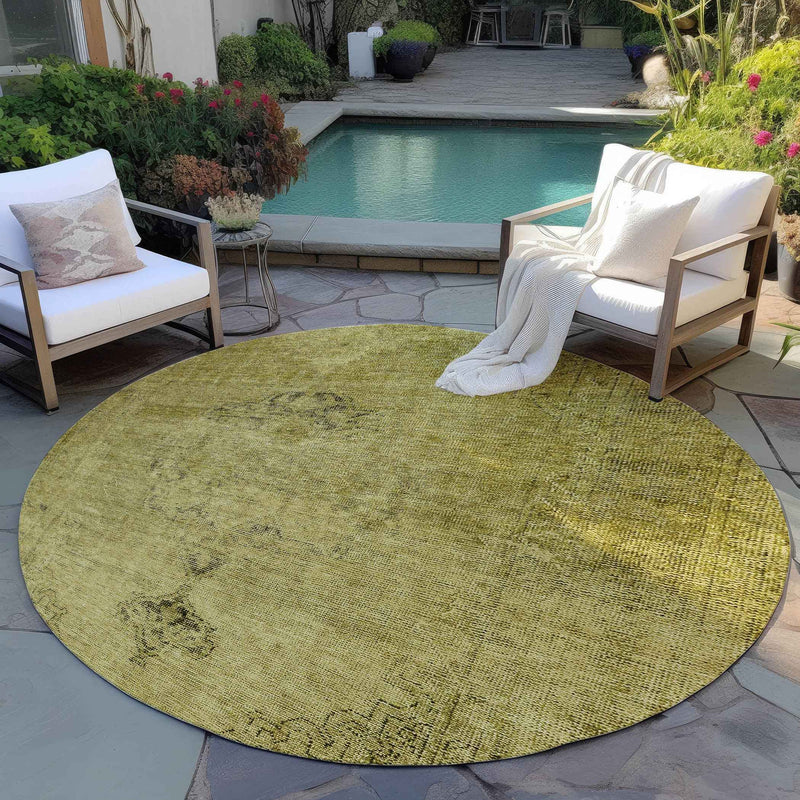 8' Gold Brown And Wheat Round Oriental Washable Indoor Outdoor Area Rug