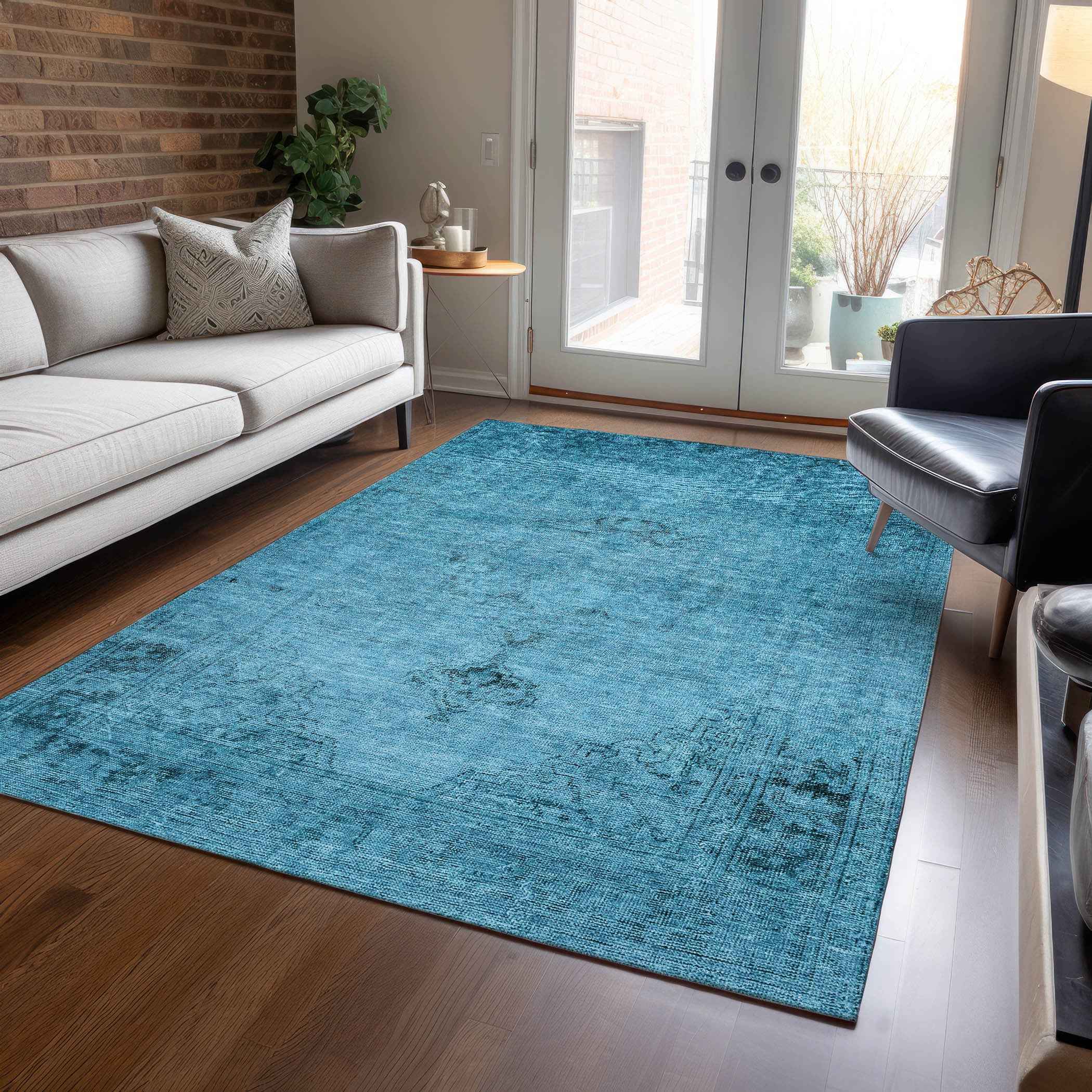 3' X 5' Denim Blue And Navy Blue Oriental Washable Indoor Outdoor Area Rug