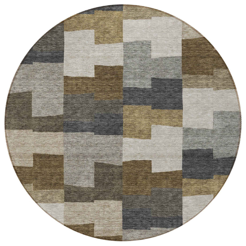 8' Brown Beige And Ivory Round Geometric Washable Indoor Outdoor Area Rug