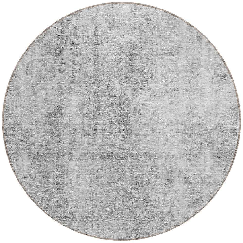 8' Gray Silver And Charcoal Round Abstract Washable Indoor Outdoor Area Rug
