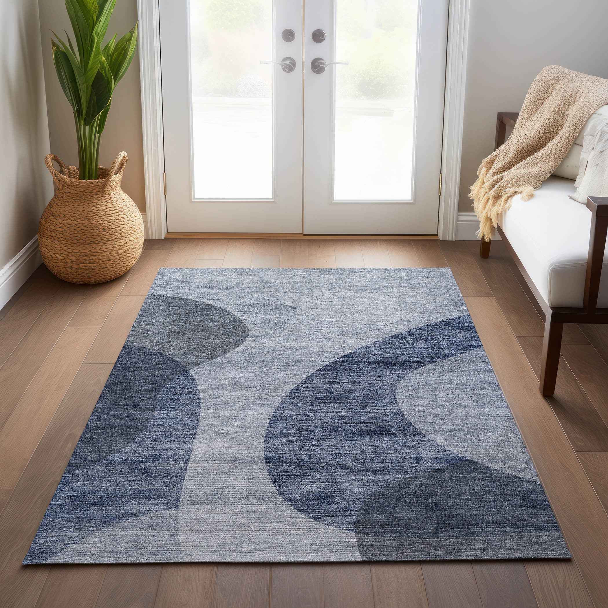 10' X 14' Denim Blue And Sky Blue Abstract Washable Indoor Outdoor Area Rug