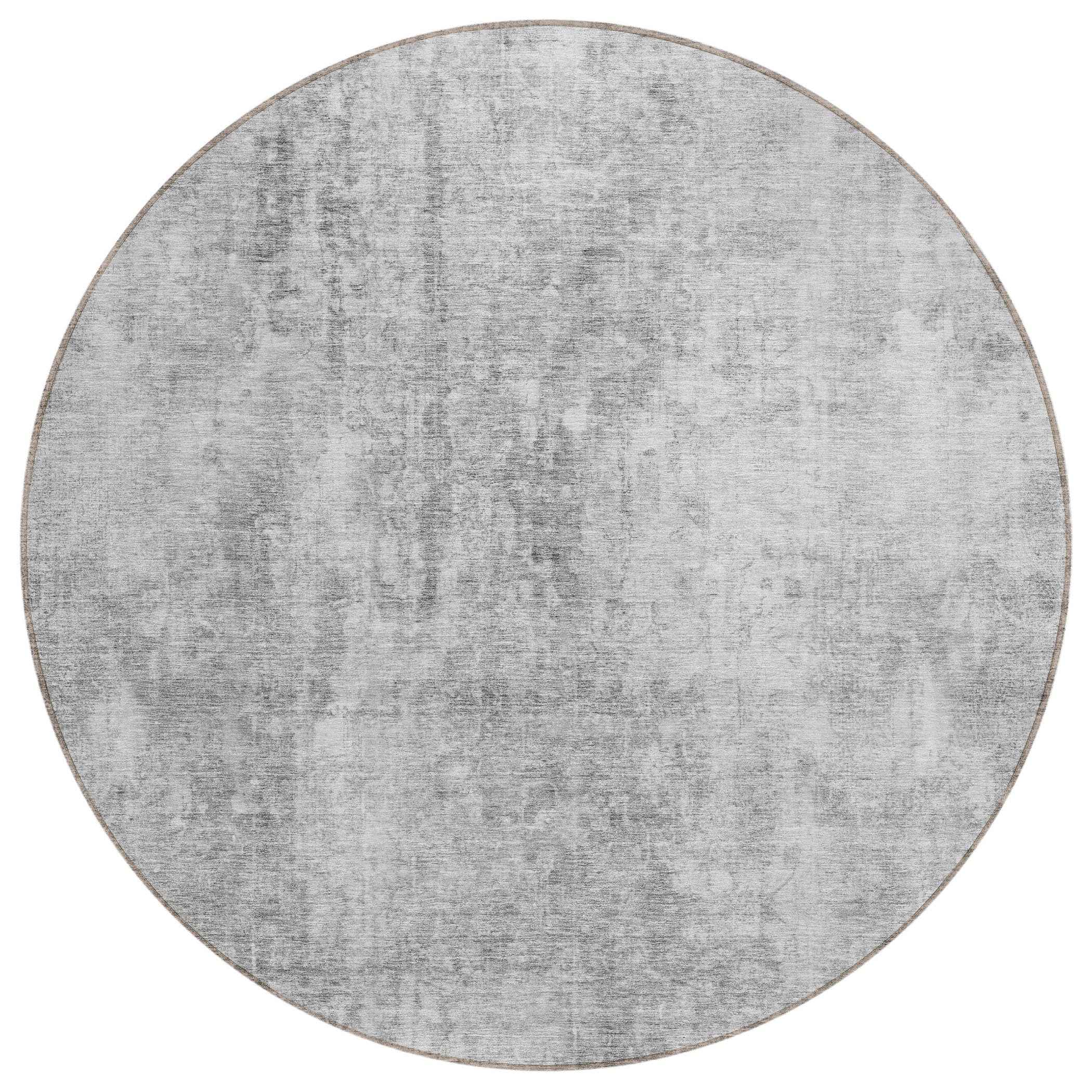 8' Gray Silver And Charcoal Round Abstract Washable Indoor Outdoor Area Rug