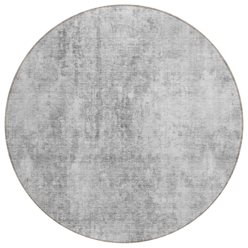 8' Gray Silver And Charcoal Round Abstract Washable Indoor Outdoor Area Rug