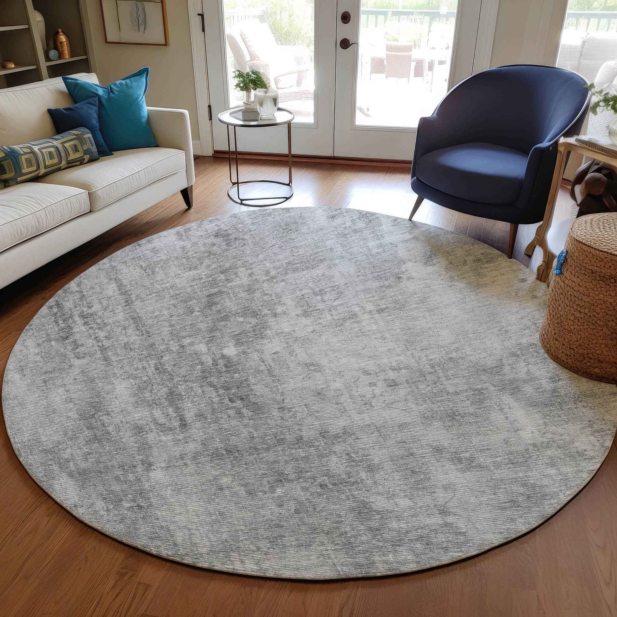 8' Gray Silver And Charcoal Round Abstract Washable Indoor Outdoor Area Rug