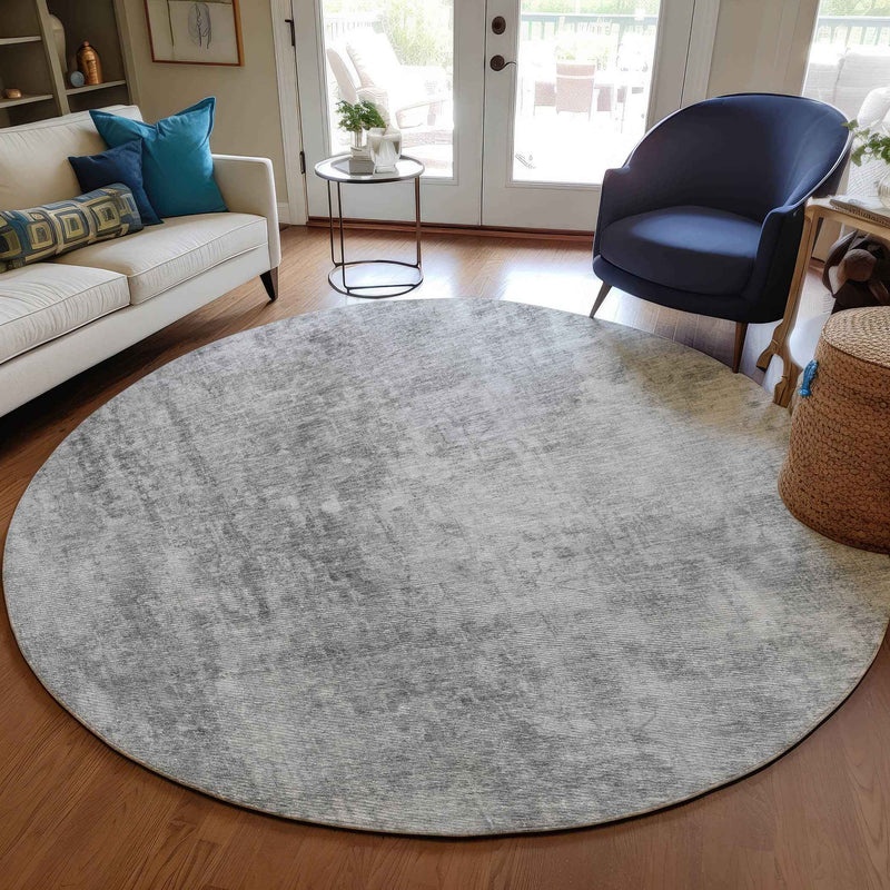 8' Gray Silver And Charcoal Round Abstract Washable Indoor Outdoor Area Rug