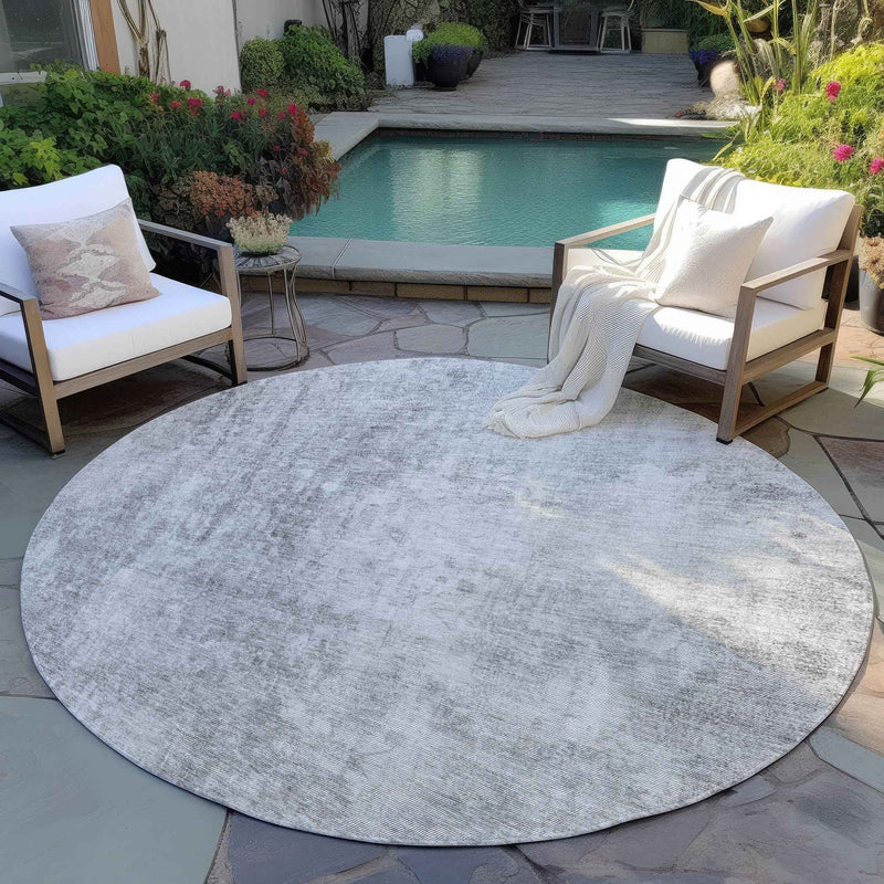 8' Gray Silver And Charcoal Round Abstract Washable Indoor Outdoor Area Rug