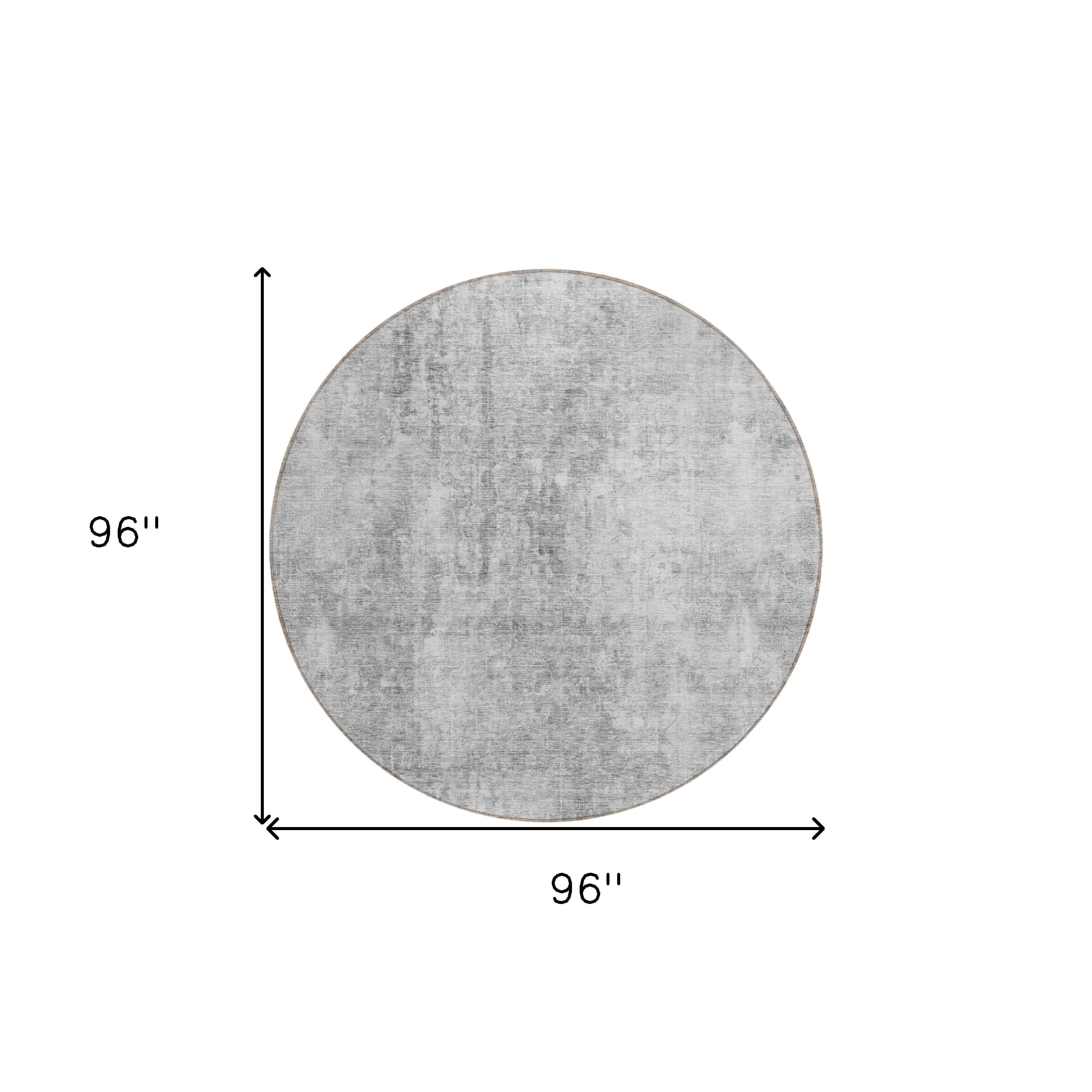 8' Gray Silver And Charcoal Round Abstract Washable Indoor Outdoor Area Rug