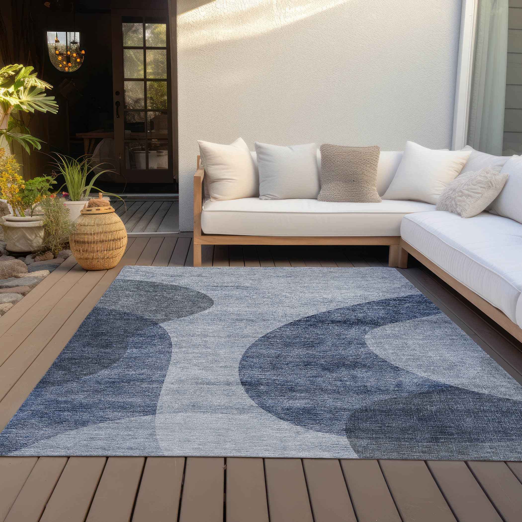 10' X 14' Denim Blue And Sky Blue Abstract Washable Indoor Outdoor Area Rug