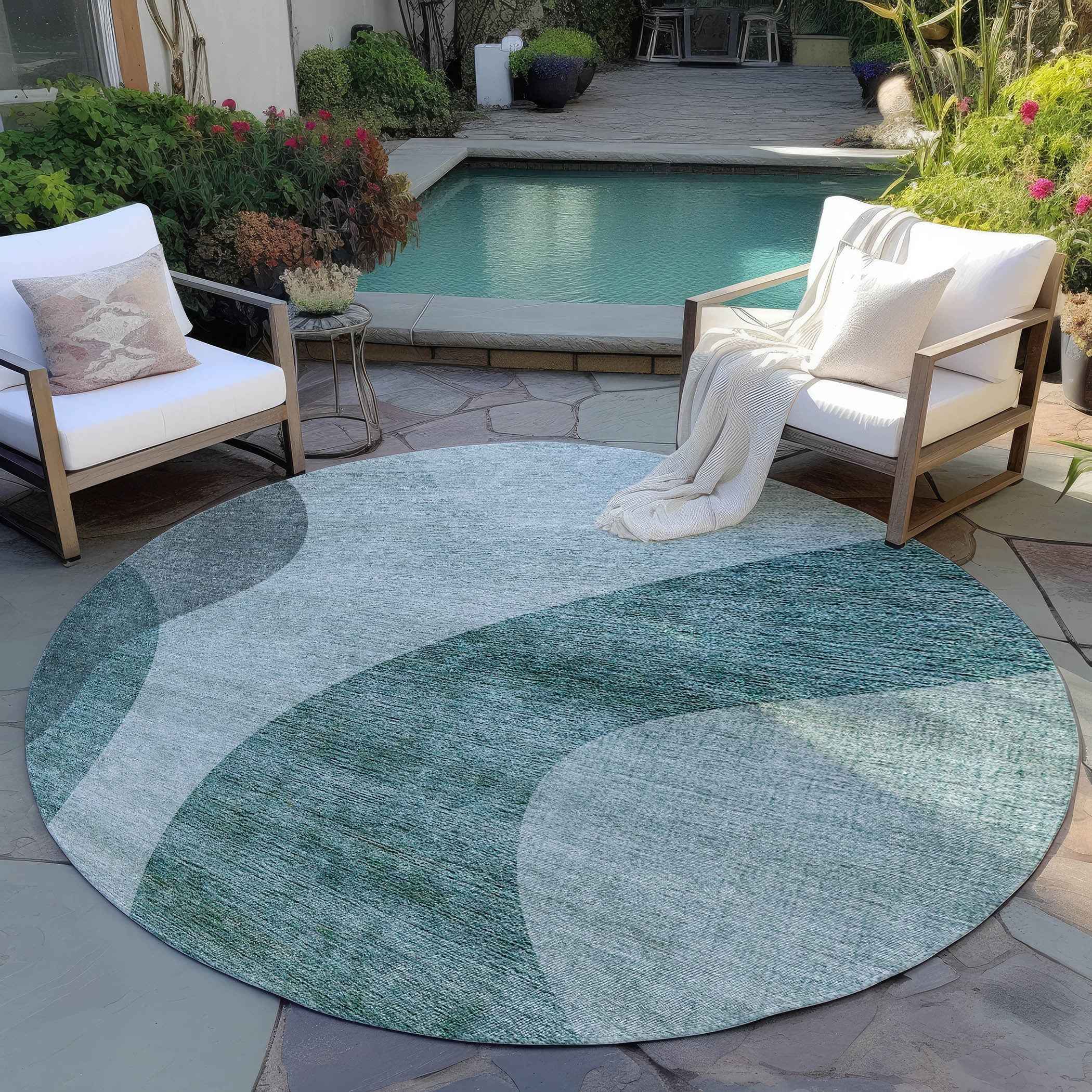 8' Green And Sage Round Abstract Washable Indoor Outdoor Area Rug