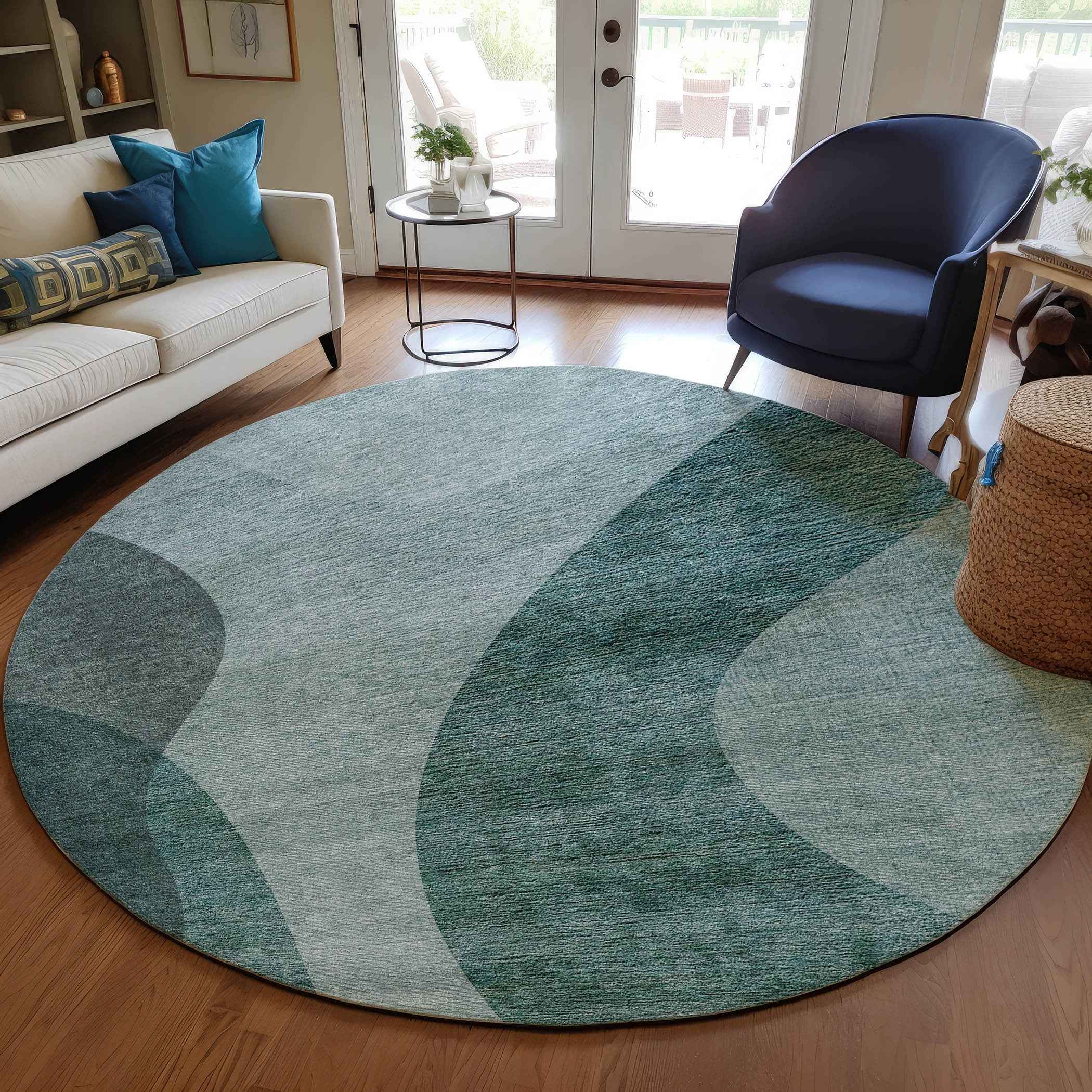 8' Green And Sage Round Abstract Washable Indoor Outdoor Area Rug