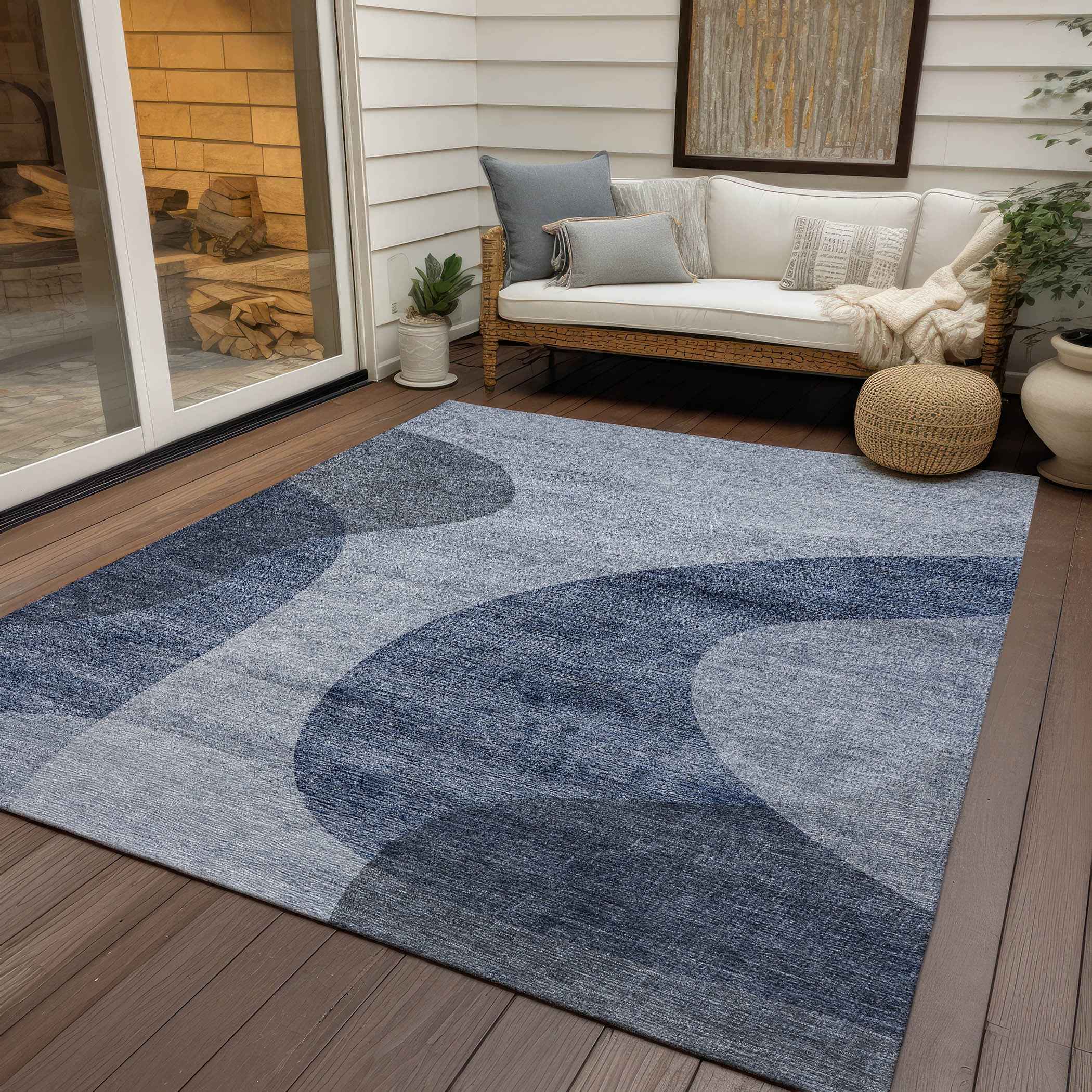 9' X 12' Denim Blue And Sky Blue Abstract Washable Indoor Outdoor Area Rug
