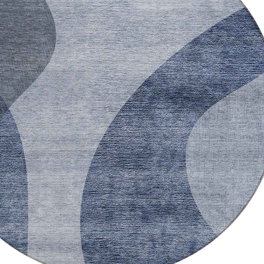 8' Denim Blue And Sky Blue Round Abstract Washable Indoor Outdoor Area Rug